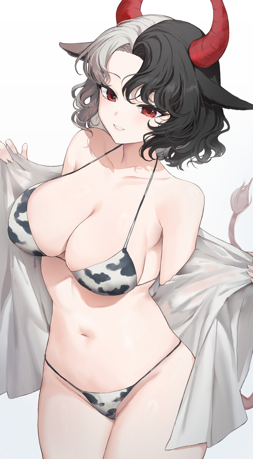 1girl absurdres animal_ears animal_print armpit_crease bikini breasts collarbone commentary cow_ears cow_girl cow_horns cow_print cow_print_bikini cow_tail cowboy_shot curtained_hair halterneck highres horns large_breasts looking_at_viewer multicolored_hair navel open_clothes open_shirt paid_reward_available print_bikini red_eyes red_horns sarukana shirt short_hair simple_background solo split-color_hair standing stomach swimsuit tail touhou two-tone_hair ushizaki_urumi white_shirt