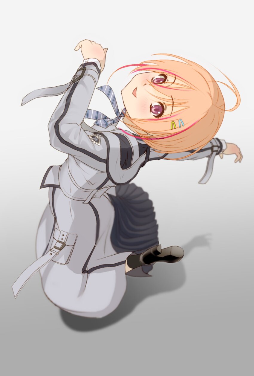 1girl 22/7 ahoge black_footwear black_socks blurry bow bowtie brown_eyes bxtbsy7q76gxh73 dancing depth_of_field diagonal-striped_bow diagonal-striped_bowtie diagonal-striped_clothes dress emblem from_above full_body gradient_background grey_background grey_dress hair_between_eyes hair_ornament hairclip highres himuro_mizuki kamisama_datte_kimerarenai long_sleeves looking_at_viewer multicolored_hair open_mouth orange_hair pink_hair short_hair smile socks solo striped_clothes two-tone_hair white_background