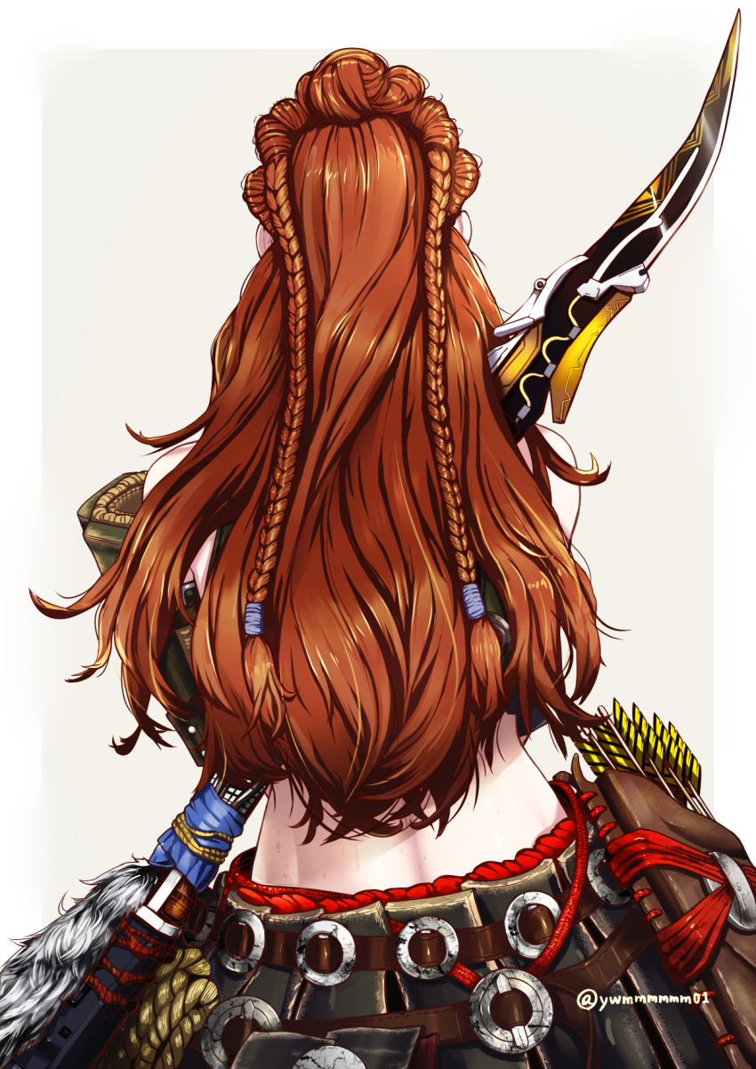 1girl aloy_(horizon) arrow_(projectile) back beads bow_(weapon) braid from_behind fur_trim hair_beads hair_ornament highres horizon_(video_game) horizon_zero_dawn long_hair orange_hair pocopoco33 solo weapon