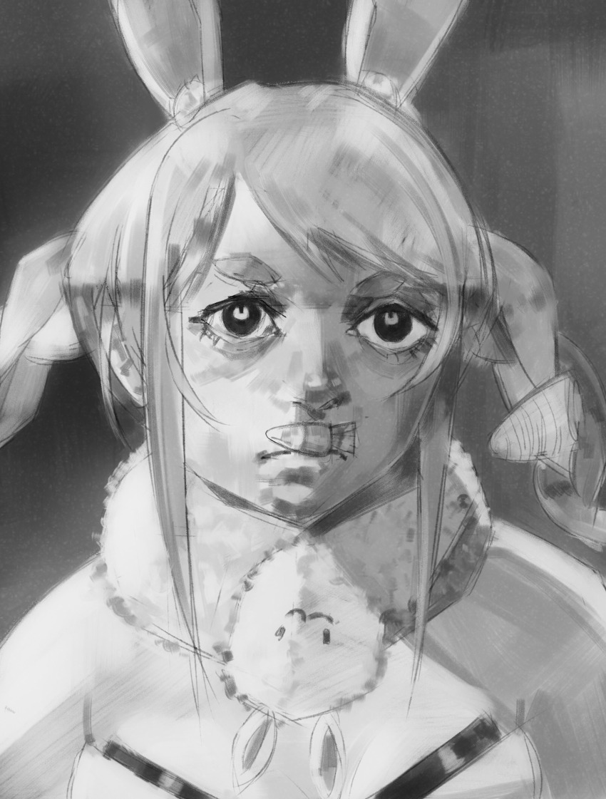 +commentary 1girl adolf_hitler adolf_hitler_(cosplay) animal_ear_fluff animal_ears bare_shoulders braid carrot_hair_ornament closed_mouth commentary cosplay english_commentary extra_ears facial_hair food-themed_hair_ornament fur_scarf grey_background greyscale hair_ornament highres hololive monochrome mustache pekomon_(usada_pekora) photo-referenced rabbit-shaped_pupils rabbit_ears rabbit_girl realistic short_eyebrows sidelocks simple_background solo swept_bangs symbol-shaped_pupils thick_eyebrows toothbrush_mustache twin_braids upper_body usada_pekora usada_pekora_(1st_costume) virtual_youtuber xyanaid