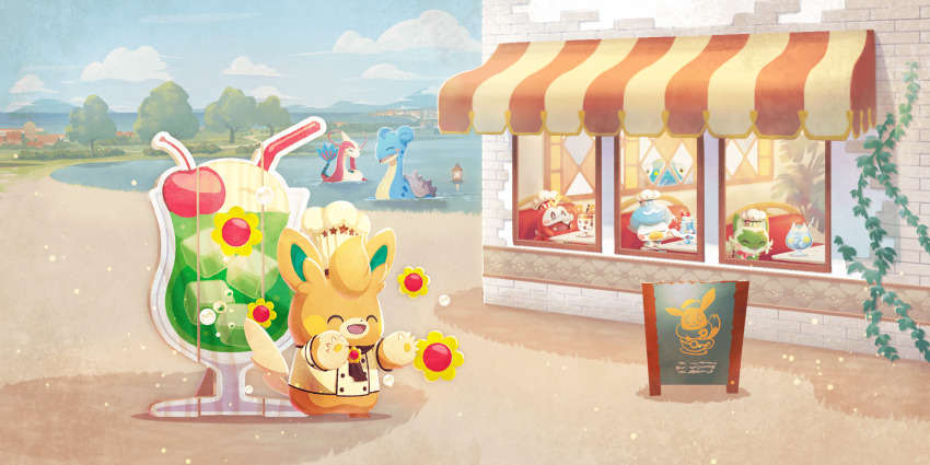 +_+ artist_request awning beach bellibolt blue_sky blush blush_stickers chef_hat cherry closed_mouth clothed_pokemon cloud fangs flower food fruit fuecoco fuecoco_(friendly_chef) gen_1_pokemon gen_3_pokemon hat highres ivy lapras milotic nintendo no_humans official_art open_mouth pawmo pawmo_(retro_chef) pokemon pokemon_(creature) pokemon_cafe_remix pokemon_focus quaxly quaxly_(friendly_chef) sand shirt sky smile sprigatito sprigatito_(friendly_chef) star_(symbol) starter_pokemon_trio third-party_source tree water white_hat white_shirt yellow_flower