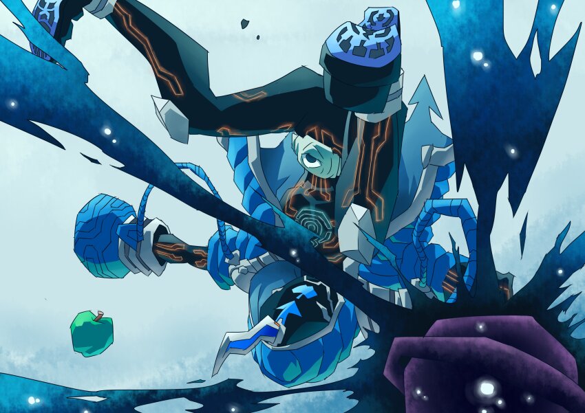1boy absurdres alternate_form boxing_gloves commentary_request crack cracked_floor rider_belt ghost_driver highres hood hooded_jacket hoodie jacket kamen_rider kamen_rider_ghost kamen_rider_ghost_(series) newton_damashii otokamu rider_belt solo tokusatsu tree upside-down