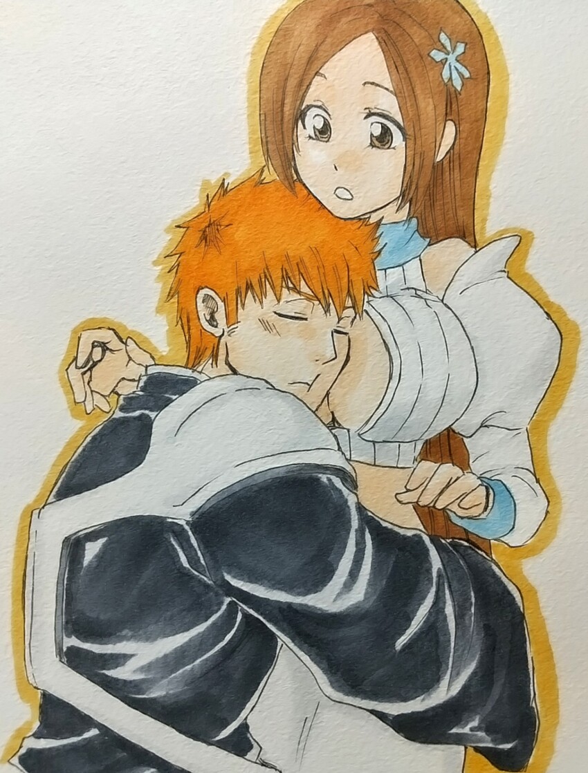 1boy 1girl 3i9a_n bleach bleach:_sennen_kessen-hen breasts cheek-to-breast cleavage cleavage_cutout clothing_cutout hetero highres hug inoue_orihime kurosaki_ichigo large_breasts long_hair midriff orange_hair tagme