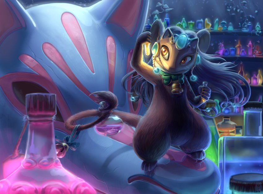 1girl animal_ears animal_hands arm_up artist_name bell blurry blurry_foreground bottle character_request copyright_request cork female_focus full_body furry furry_female gem glass glint glowing hair_bobbles hair_ornament hand_up highres indoors ivy long_hair mask miitara mouse_ears mouse_tail neck_bell neck_ribbon orange_eyes potion prehensile_tail reflection ribbon solo standing tail tail_bell tail_ornament tail_ribbon test_tube watermark