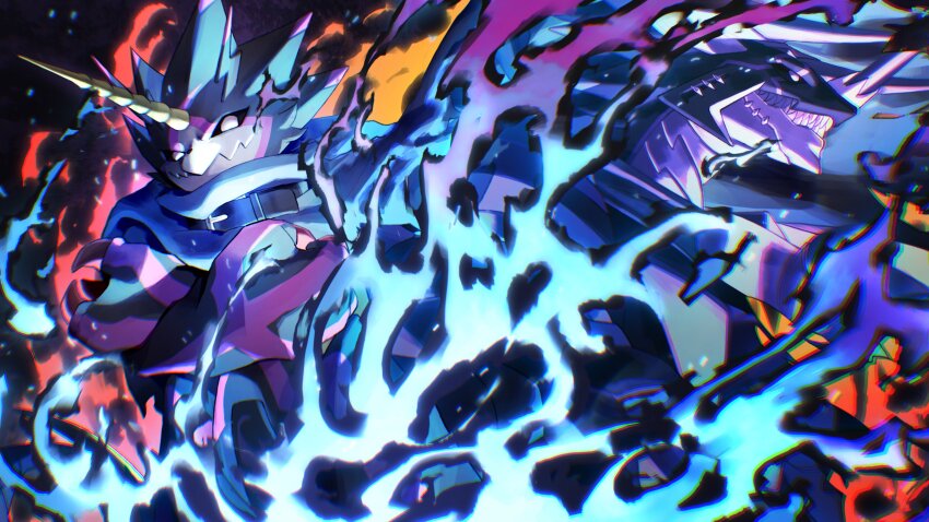 absurdres black_scales black_sclera blue_cloak blue_fire cloak colored_sclera crossed_arms digimon digimon_(creature) digimon_ghost_game dragon evolutionary_line fire gulusgammamon highres horns purple_eyes regulusmon sharp_teeth single_horn tartarte_tatin teeth