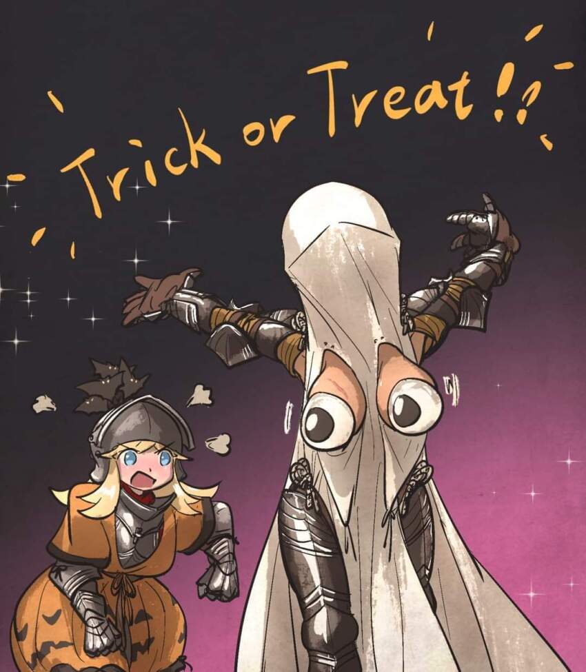 2girls armor bat_(animal) bevor black_armor black_background blonde_hair blue_eyes breast_cutout breastplate breasts breasts_out couter cuisses ebenholz_(ironlily) frown gauntlets ghost_costume googly_eye_pasties googly_eyes gothic_plate_armor gradient_background halloween halloween_costume helmet highres ironlily knight large_breasts multiple_girls original outstretched_arms perlweiss_(ironlily) pink_background plate_armor poleyn rerebrace sallet scar scar_on_breasts sparkle trick_or_treat vambraces