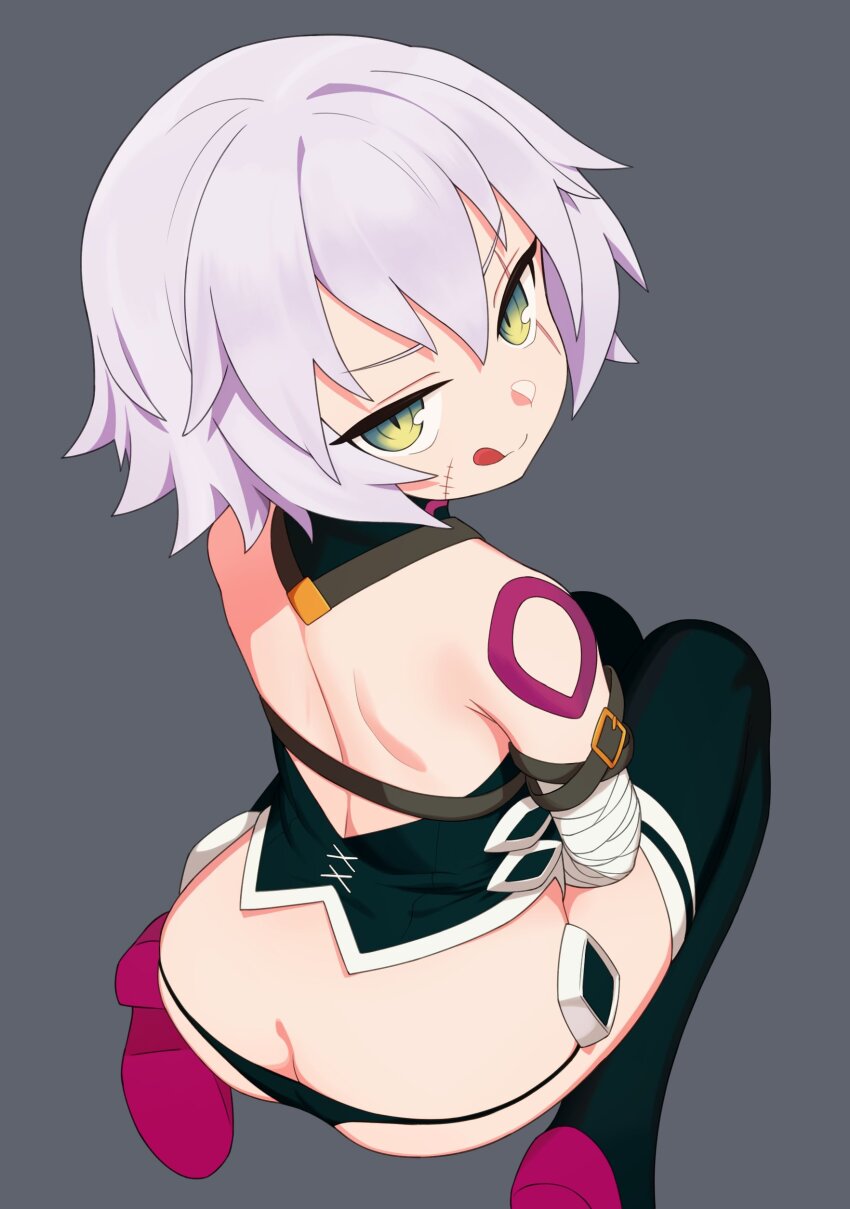 1girl absurdres ass bandaged_arm bandages black_boots boots butt_crack commentary facial_scar fate/apocrypha fate/grand_order fate_(series) from_above from_behind full_body gloves green_eyes grey_background highres jack_the_ripper_(fate/apocrypha) licking_lips looking_at_viewer looking_back lowleg lowleg_panties mikoscrub panties scar scar_across_eye scar_on_cheek scar_on_face seiza short_hair simple_background sitting smile solo thigh_boots tongue tongue_out underwear white_hair
