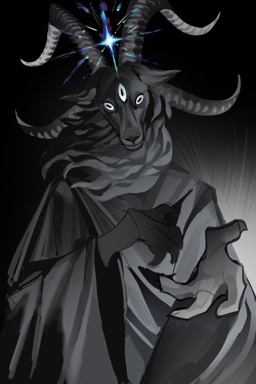 1other animal_ears black_background black_fur black_horns black_robe claws furry goat_ears goat_horns highres horizontal_pupils horns mane multiple_horns original reaching reaching_towards_viewer robe sketch solo sparkle straight-on third_eye tianlang_fenghuo upper_body