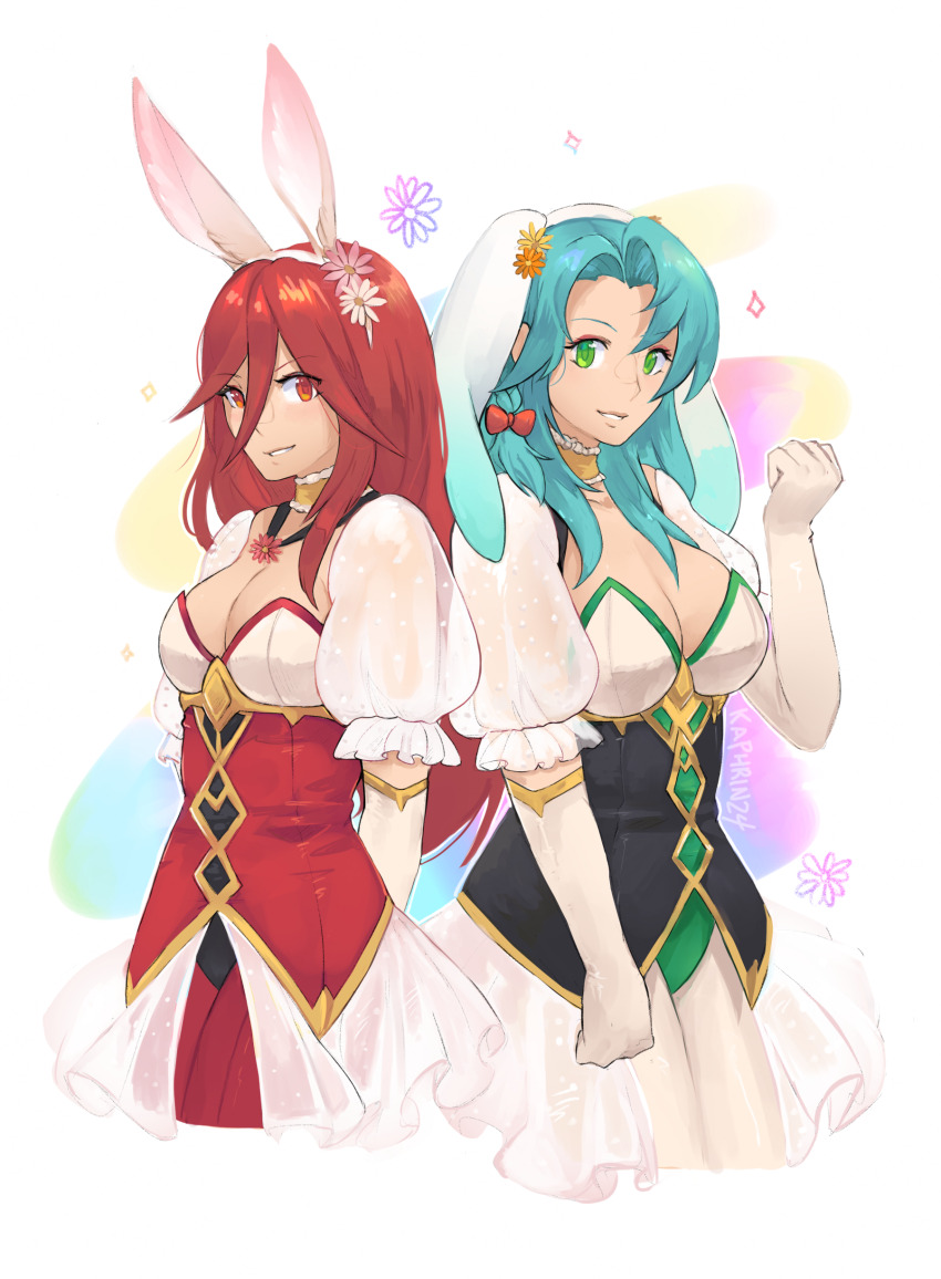 2girls absurdres animal_ears aqua_hair arms_behind_back bow breasts chloe_(fire_emblem) chloe_(spring)_(fire_emblem) choker cleavage commentary cordelia_(fire_emblem) cordelia_(spring)_(fire_emblem) english_commentary fake_animal_ears fire_emblem fire_emblem_awakening fire_emblem_engage fire_emblem_heroes gloves grin hair_bow hand_up highres kaphrin large_breasts long_hair looking_at_viewer medium_breasts multiple_girls nintendo official_alternate_costume puffy_short_sleeves puffy_sleeves red_bow red_eyes red_hair short_sleeves smile standing white_background white_gloves yellow_choker