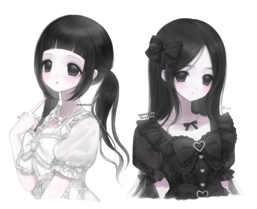2girls black_bow black_bowtie black_dress black_eyes black_hair black_ribbon blunt_bangs bow bowtie closed_mouth commission dress expressionless frilled_bowtie frilled_dress frilled_sleeves frills hair_bow highres index_finger_raised jewelry light_blush long_hair looking_at_viewer multiple_girls necklace original pale_skin parted_bangs pearl_necklace puffy_short_sleeves puffy_sleeves ribbon short_sleeves simple_background sleeve_ribbon twintails upper_body watermark white_background white_bow white_bowtie white_dress white_ribbon xxxtsv