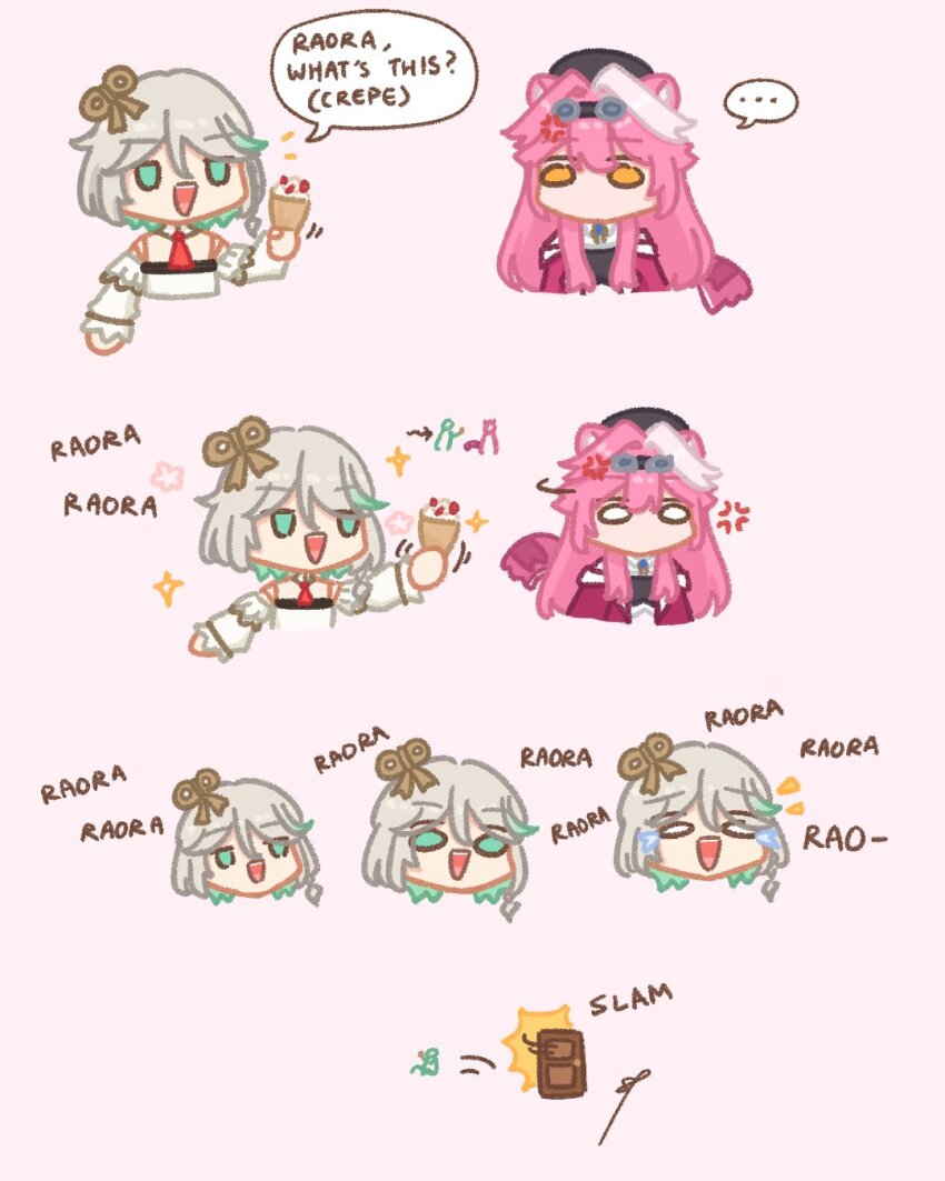 2girls anger_vein animal_ears beret cecilia_immergreen cecilia_immergreen_(1st_costume) crepe food goggles goggles_on_head green_eyes green_hair grey_hair hair_intakes hat highres holding holding_crepe holding_food hololive hololive_english jitome long_hair medium_hair multicolored_hair multiple_girls panther_ears panther_girl panther_tail pink_hair raora_panthera raora_panthera_(1st_costume) sappysque streaked_hair tail tears virtual_youtuber white_hair winding_key yellow_eyes