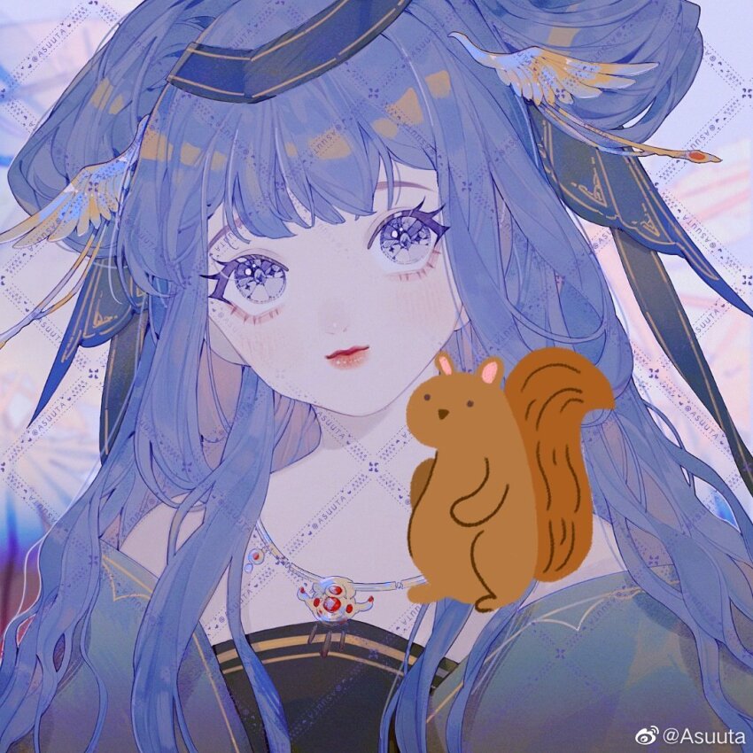 1girl asuuta bare_shoulders bird bird_hair_ornament black_bow black_dress blue_eyes blue_hair blue_hairband blue_robe blunt_bangs blurry blurry_background bow chinese_commentary closed_mouth colored_eyelashes commentary_request crane_(animal) double_bun dress emoji hair_bow hair_bun hair_ornament hairband happy jewelry light_blush lipstick long_hair long_sidelocks long_sleeves looking_at_viewer makeup necklace nostrils original outdoors red_lips robe sidelocks smile solo squirrel strapless strapless_dress sunset tareme upper_body watermark watermark_grid weibo_watermark