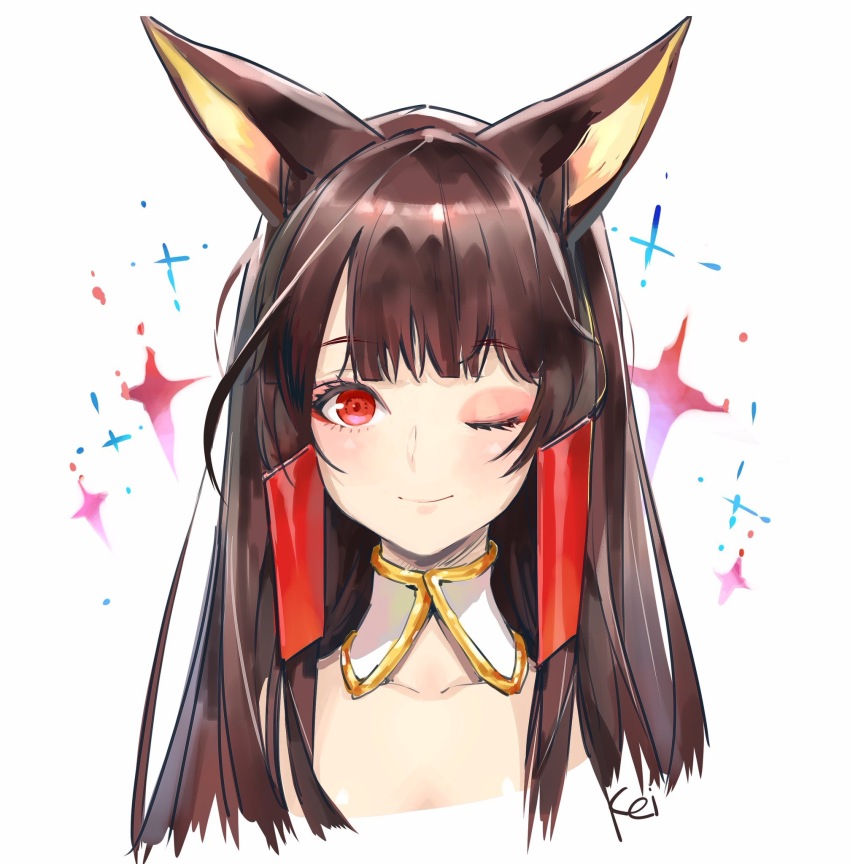 akagi_(azur_lane) animal_ears azur_lane black_hair closed_mouth fox_ears highres kei_(suketa789) one_eye_closed simple_background smile white_background