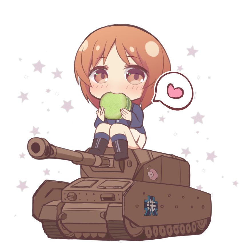 1girl blue_jacket brown_eyes brown_hair chibi eating food girls_und_panzer heart highres jacket looking_at_viewer macaron makyabetsu military_vehicle motor_vehicle nishizumi_miho ooarai_military_uniform panzer_iv sitting skirt solo speech_bubble spoken_heart star_(symbol) star_symbol_background tank white_background white_skirt