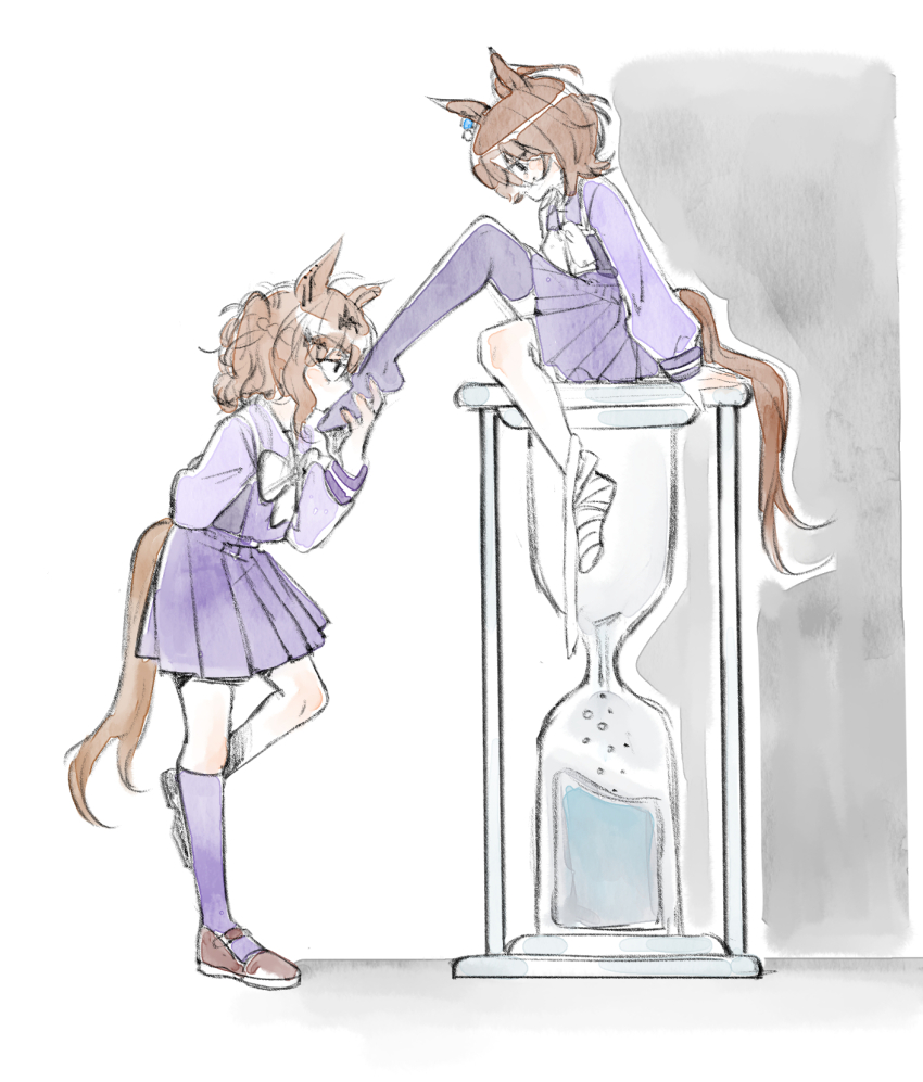 2girls agnes_tachyon_(umamusume) animal_ears arms_behind_back bandaged_foot bandages black_footwear bow braid brown_shoes hair_between_eyes half_up_braid highres horse_ears horse_girl horse_tail hourglass implied_injury jungle_pocket_(umamusume) kissing_foot leg_up looking_at_another medium_hair multiple_girls nyeomnyeom63816 pleated_skirt purple_sailor_collar purple_serafuku purple_shirt purple_skirt purple_socks purple_thighhighs sailor_collar school_uniform serafuku shirt shoes sidelocks single_thighhigh sitting skirt socks tail thighhighs umamusume white_bow wolf_cut yuri