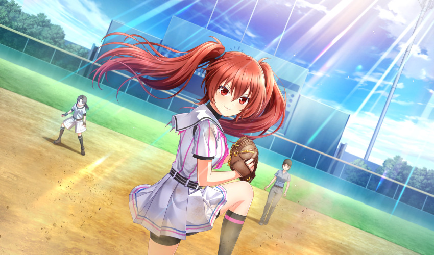 3girls agatsuma_sora ball baseball baseball_(object) baseball_bat baseball_glove baseball_stadium baseball_uniform belt bike_shorts_under_skirt black_belt black_hair black_shorts black_socks black_undershirt blue_shirt brown_footwear cinderella_series closed_mouth dust_cloud dutch_angle floating_hair game_cg grey_pants hachigatsu_no_cinderella_nine highres holding holding_ball holding_baseball_bat leg_up light_particles light_rays long_hair looking_at_viewer metal_baseball_bat multiple_girls neckerchief non-web_source official_art outdoors pants pink_neckerchief pitching playing_sports pleated_skirt red_eyes red_hair satogahama_baseball_uniform scoreboard shirt shirt_under_shirt short_sleeves shorts skirt smile socks solo_focus sportswear striped_belt striped_clothes striped_shirt striped_shorts sunbeam sunlight twintails umpire v-shaped_eyebrows vertical-striped_clothes vertical-striped_shirt vertical-striped_shorts white_shorts