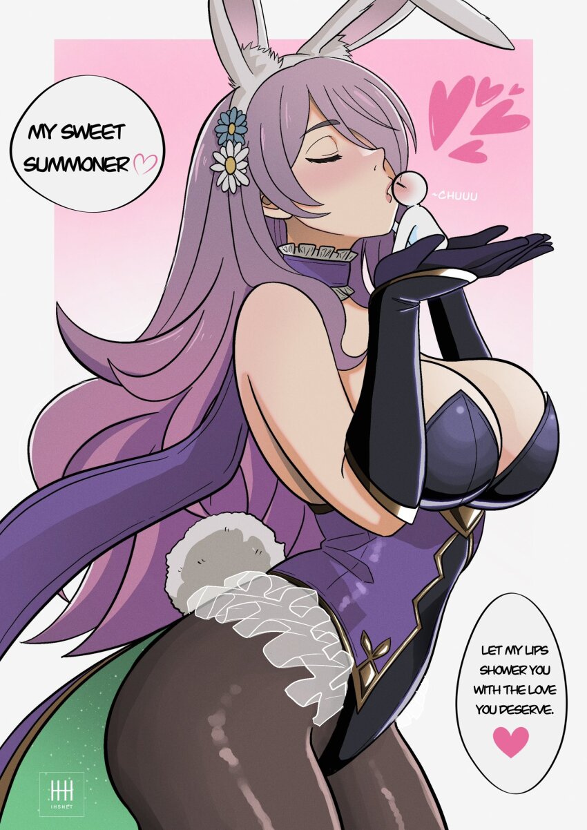 1girl 1other animal_ears breasts camilla_(fire_emblem) camilla_(spring_princess)_(fire_emblem) choker cleavage closed_mouth english_text fake_animal_ears fake_tail fire_emblem fire_emblem_fates fire_emblem_heroes frilled_choker frills giant giantess gloves hair_over_one_eye heart highres ihsnet kiran_(fire_emblem) kiss large_breasts long_hair nintendo official_alternate_costume pantyhose playboy_bunny purple_hair rabbit_ears rabbit_tail solo_focus speech_bubble tail thick_thighs thighs very_long_hair wavy_hair