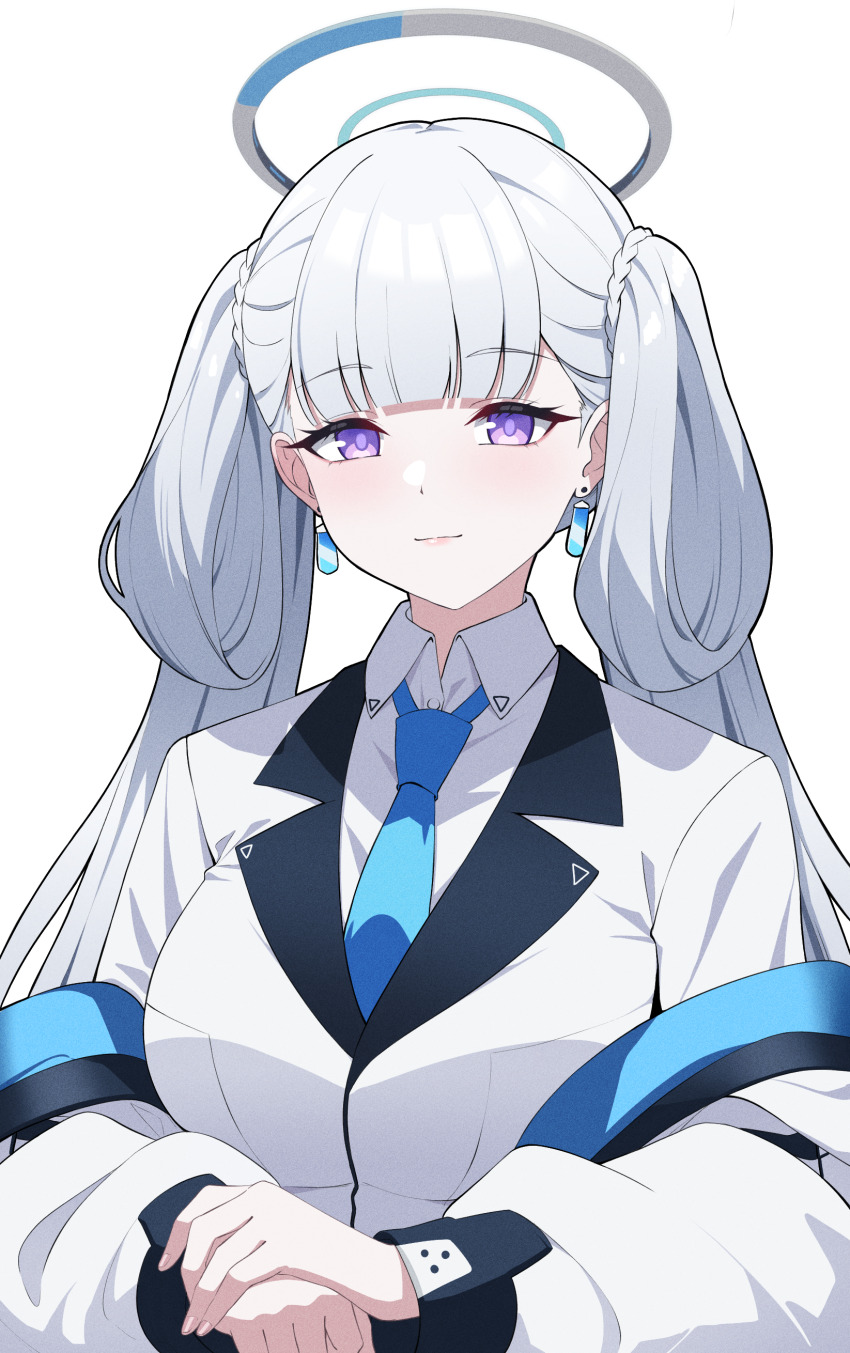 1girl absurdres blue_archive blue_necktie borrowed_hairstyle breasts closed_mouth collared_shirt commentary earrings halo highres jacket jewelry jinhsi_(wuthering_waves) large_breasts long_hair looking_at_viewer low_twintails necktie noa_(blue_archive) off_shoulder purple_eyes reia_76 shirt simple_background smile solo twintails upper_body white_background white_jacket white_shirt wuthering_waves