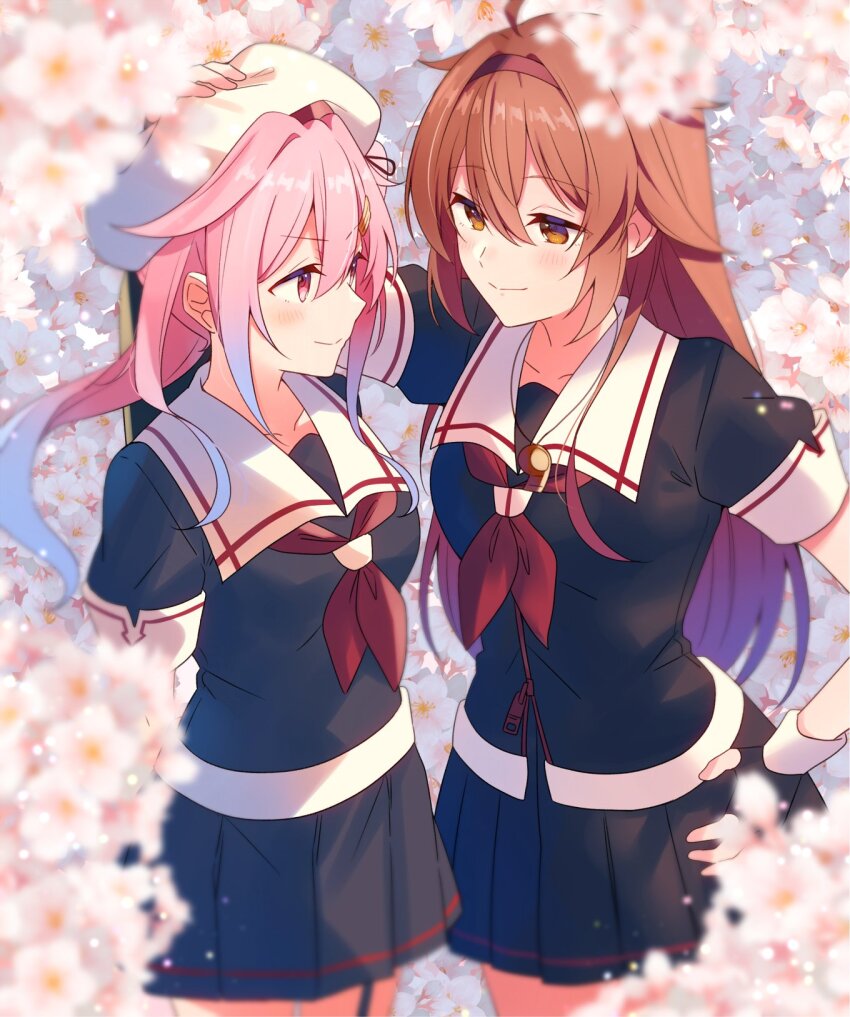 2girls black_gloves black_serafuku black_shirt black_skirt blue_hair blurry brown_eyes brown_hair cherry_blossoms commentary depth_of_field fingerless_gloves flower gloves gradient_hair hair_flaps hairband hand_on_another&#039;s_head harusame_(kancolle) harusame_kai_ni_(kancolle) highres kantai_collection long_hair multicolored_hair multiple_girls neckerchief pink_hair pleated_skirt red_eyes red_hairband red_neckerchief sailor_collar school_uniform serafuku shiratsuyu_(kancolle) shiratsuyu_kai_ni_(kancolle) shirt side_ponytail skirt symbol-only_commentary whistle whistle_around_neck white_sailor_collar yukichi_(eikichi)