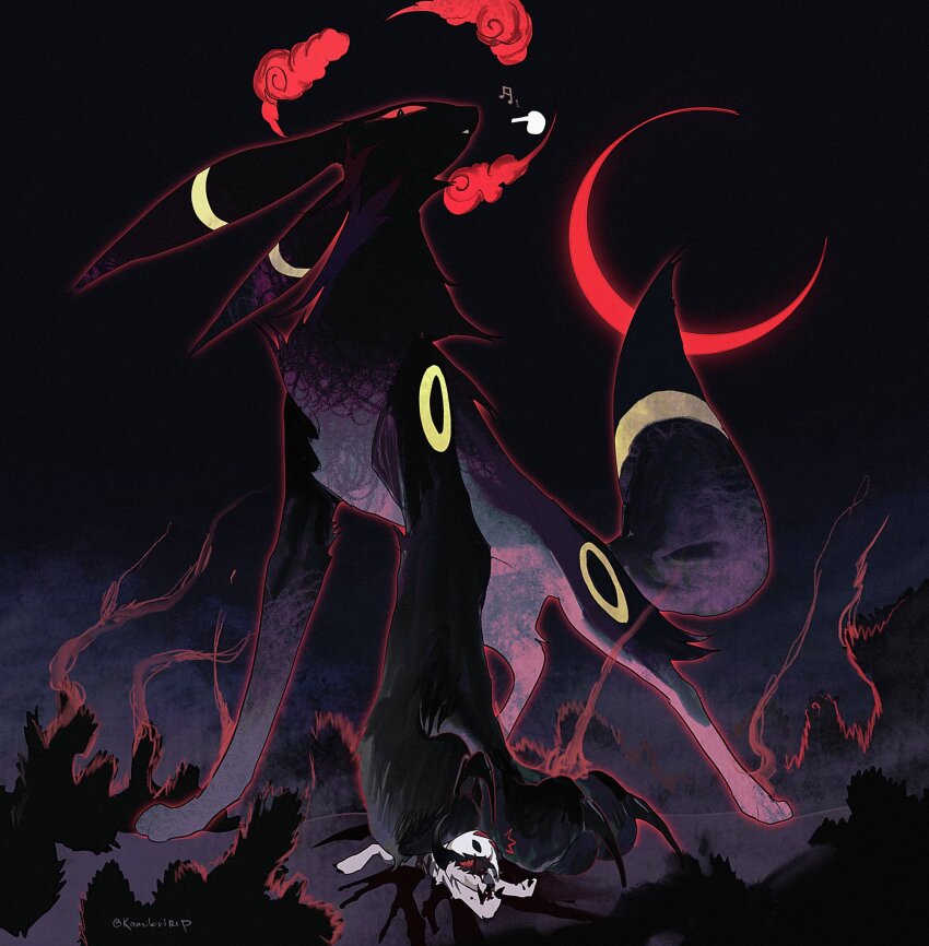 absol animal_focus artist_name black_theme claws colored_sclera crescent dynamax gen_2_pokemon gen_3_pokemon gigantamax gigantamax_(other) highres kamikiririp looking_down moon nintendo no_humans pokemon pokemon_(creature) red_sclera standing tail twitter_username umbreon