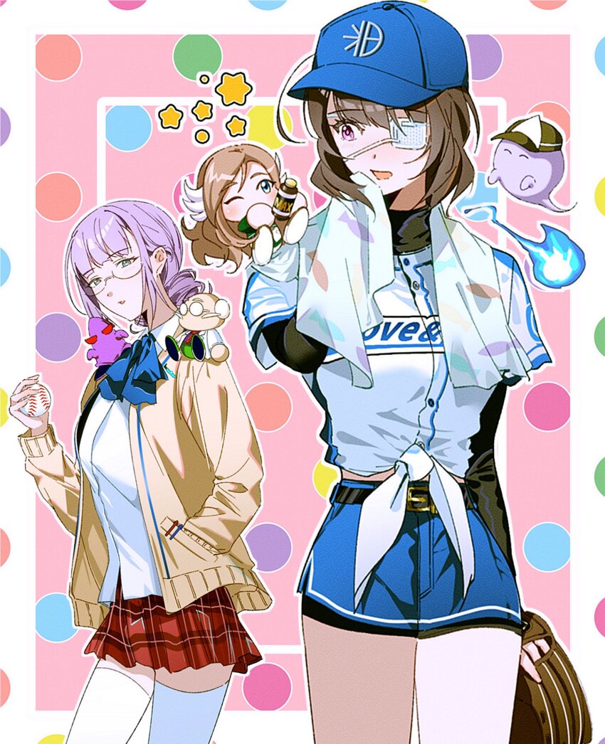 2girls ascot ball baseball baseball_bat baseball_cap baseball_glove baseball_uniform belt blue_bow blue_bowtie blue_eyes blue_fire blue_shorts blue_skirt blunt_bangs blush bow bowtie braid brown_cardigan brown_hair cardigan character_request chibi drill_hair eyepatch fire ghost glasses green_eyes hand_in_pocket hat heaven_burns_red highres higuchi_seika hiiragi_kozue hitodama holding holding_ball holding_baseball_bat holding_towel jikkyou_powerful_pro_yakyuu kjhg1108 layered_sleeves long_hair long_sleeves looking_at_another medical_eyepatch miniskirt multiple_girls on_shoulder one_eye_closed one_eye_covered open_clothes open_mouth plaid_clothes plaid_skirt pleated_skirt purple_eyes purple_hair red_skirt school_uniform shirt short_hair short_over_long_sleeves short_sleeves shorts skirt smile sportswear star_(symbol) stuffed_animal stuffed_toy thighhighs tied_shirt towel towel_around_neck undershirt white_shirt white_thighhighs