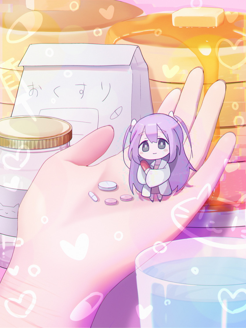 1girl blush_stickers cat closed_mouth coat food glass grey_eyes heart highres holding holding_mini_person ichigo_daifuku_(ichigo1923) lab_coat long_hair looking_at_viewer medicine medicine_bottle mini_person nemuri-chan okusuri_nonde_neyou_(vocaloid) open_clothes open_coat pancake pancake_stack person_on_hand pill pink_shirt pov pov_hands purple_footwear shirt sidelocks smile syringe two_side_up vocaloid white_bag