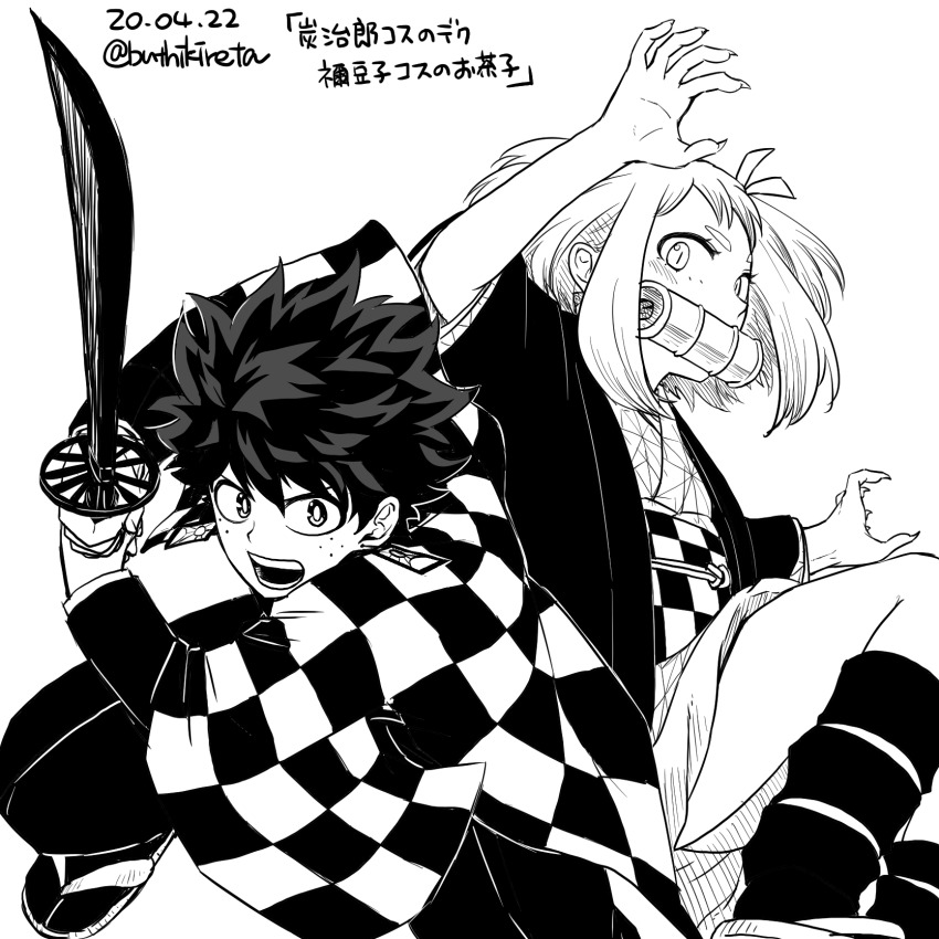 1boy 1girl bit_gag blush boku_no_hero_academia brown_hair buthikireta checkered_sash commentary_request cosplay crossover dated fingernails freckles gag greyscale highres holding holding_weapon japanese_clothes kamado_nezuko kamado_nezuko_(cosplay) kimetsu_no_yaiba knee_up long_sleeves messy_hair midoriya_izuku monochrome open_mouth pants sharp_fingernails short_hair simple_background sword translation_request uraraka_ochako weapon white_background