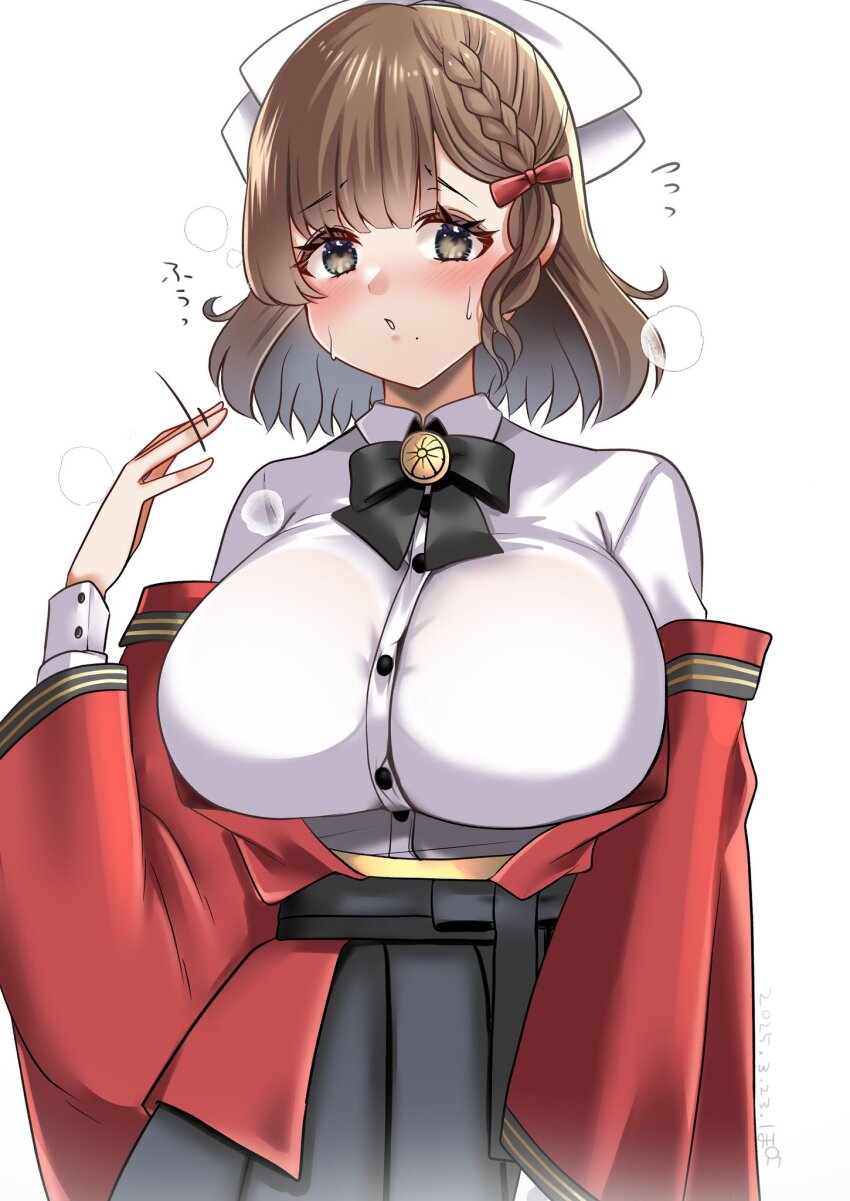 1girl asahi_(kancolle) black_hakama braid breasts brown_hair coat collared_shirt dress_shirt fanning_face fanning_self grey_eyes hair_ribbon hakama highres hot japanese_clothes kantai_collection large_breasts long_sleeves mole mole_under_mouth poyo_teitoku red_coat ribbon shirt short_hair single_braid solo white_ribbon white_shirt