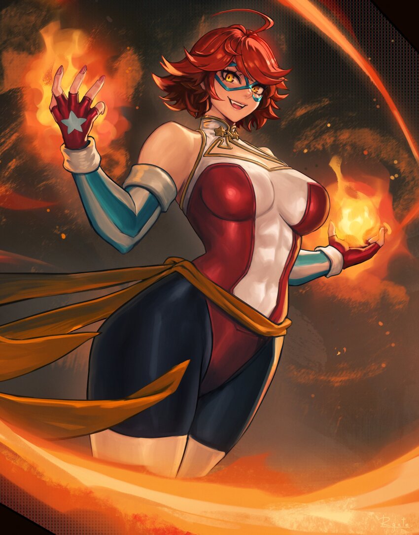 1girl absurdres ahoge bike_shorts_under_leotard black_shorts breasts cleavage cleavage_cutout clothing_cutout domino_mask elbow_gloves eye_mask fingerless_gloves fire flaming_hand gloves gold_bow highres kamen_america_(comic) kamen_comet large_breasts leotard looking_at_viewer mask open_mouth orange_sash powering_up red_hair rgate short_hair shorts smile solo striped_clothes striped_footwear superhero_costume vertical-striped_footwear