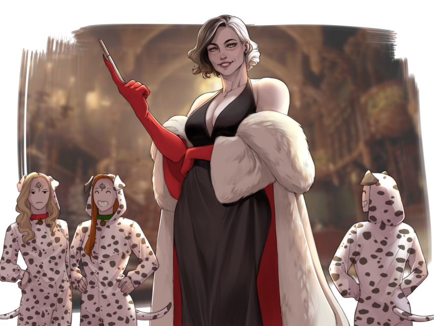 101_dalmatians 4girls absurdres alcina_dimitrescu animal_collar animal_costume annasassiart bela_dimitrescu black_dress breasts cassandra_dimitrescu coat collar cosplay cruella_de_vil cruella_de_vil_(cosplay) daniela_dimitrescu dog_costume dress fur_coat gloves highres looking_at_viewer mature_female mother_and_daughter multiple_girls naked_coat pale_skin parody red_gloves resident_evil resident_evil_village size_difference smile standing tall_female