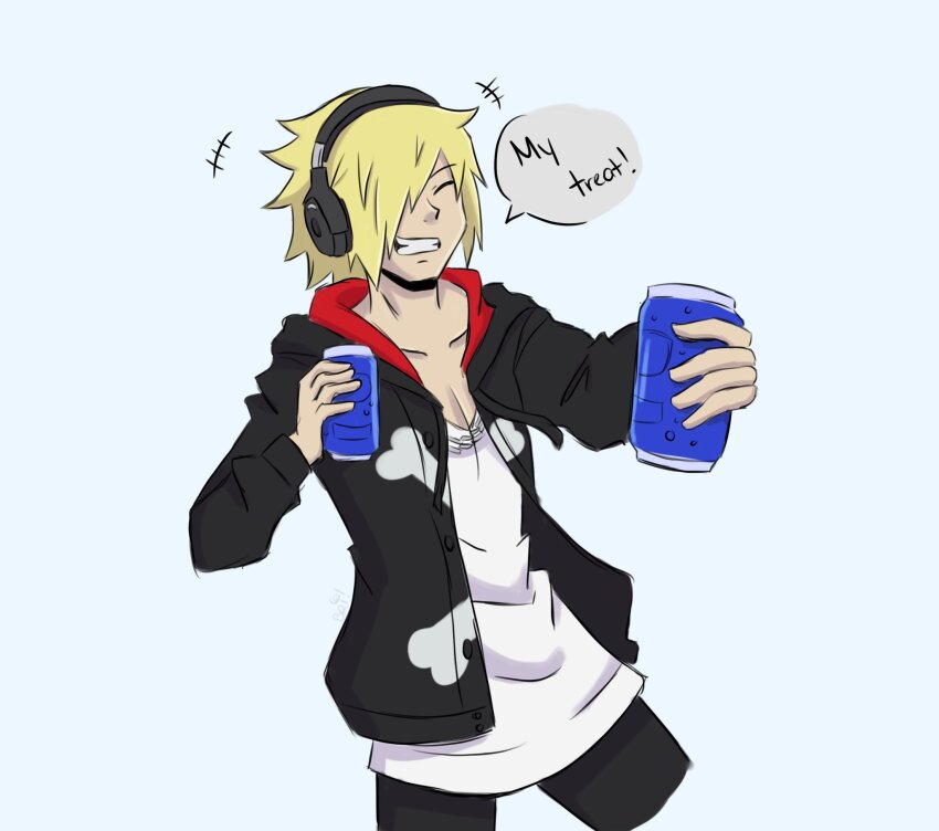 1boy bito_daisukenojo black_hoodie black_pants blonde_hair can chain chain_necklace closed_eyes drink_can eyebrows_hidden_by_hair grin hair_over_one_eye headphones highres holding holding_can hood hoodie jewelry male_focus necklace pants shin_subarashiki_kono_sekai shirt smile soda_can solo solo_focus subarashiki_kono_sekai white_shirt