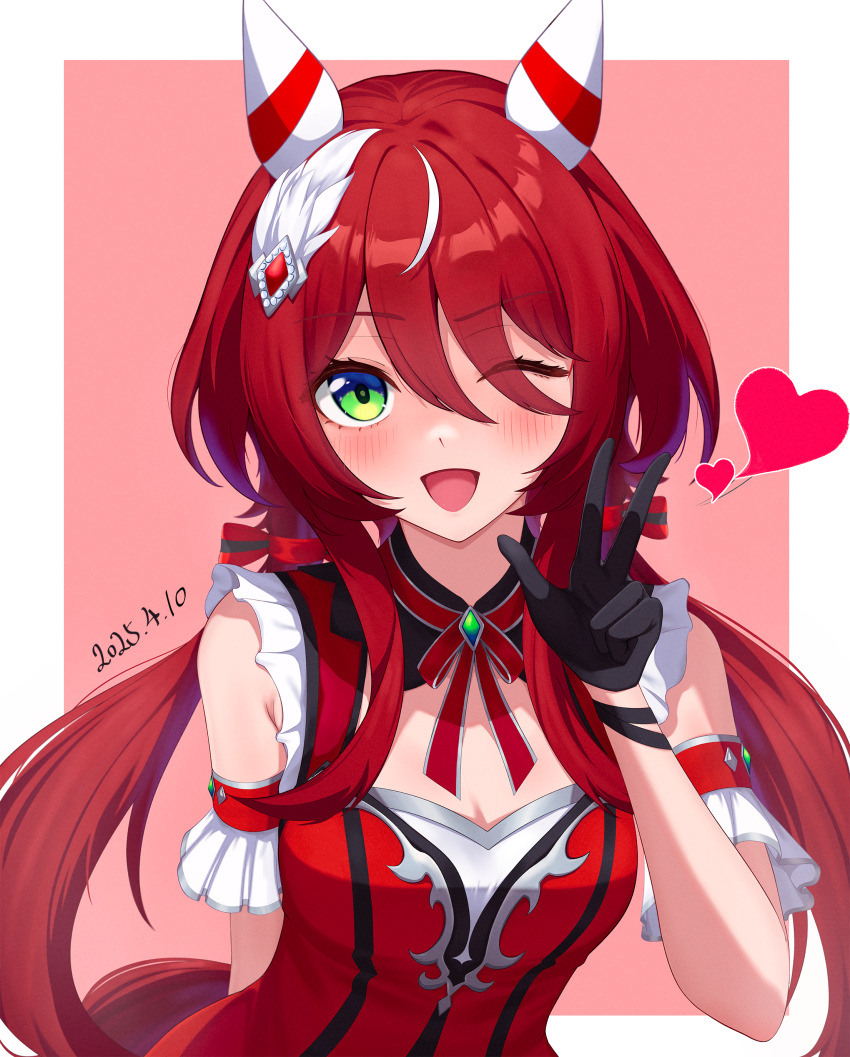 1girl 1m5papa absurdres animal_ears breasts brown_background cleavage commentary_request gloves green_eyes hair_between_eyes hair_ornament highres horse_ears horse_girl long_hair looking_at_viewer one_eye_closed open_mouth portrait red_hair simple_background sleeveless small_breasts solo umamusume w win_variation_(umamusume)