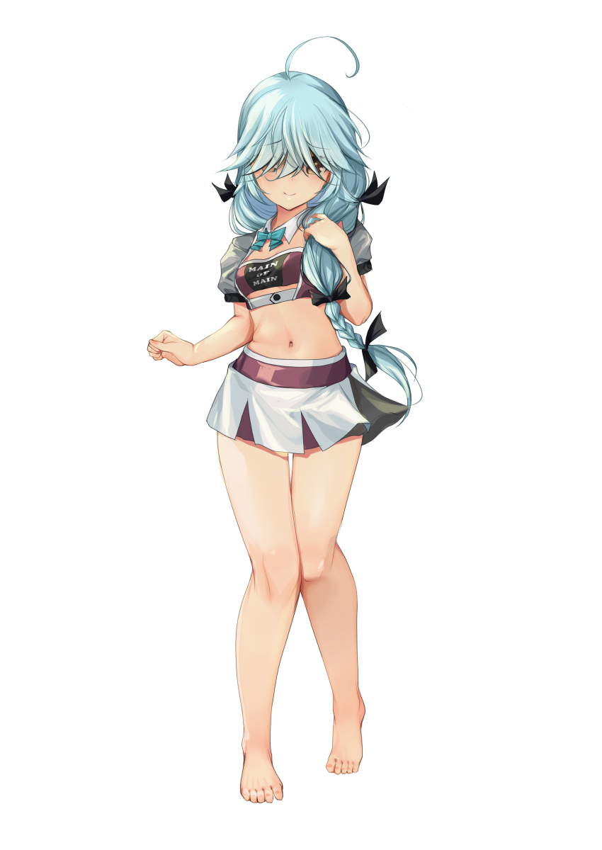1girl absurdres ahoge aqua_bow aqua_bowtie bandeau barefoot bow bowtie braid brown_eyes clothes_writing cowboy_shot cropped_jacket detached_collar full_body grey_hair hair_over_eyes hair_ribbon hamanami_(kancolle) highres jacket kantai_collection knees_together_feet_apart long_hair looking_at_viewer medium_hair midriff multiple_views navel pleated_skirt purple_bandeau purple_shorts purple_thighhighs race_queen ribbon shorts single_braid skirt standing thighhighs v white_background white_jacket white_ribbon white_skirt yashin_(yasinz)