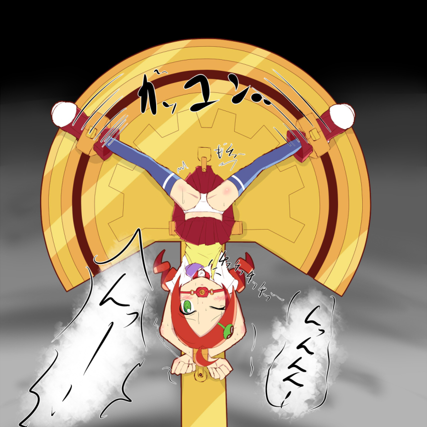 ahoge andou_ringo assisted_exposure ball_gag bdsm blush bondage bound bound_ankles bound_wrists drill_hair gag green_eyes hair_ornament hairclip highres kneehighs panties puyopuyo red_hair skirt socks spread_legs torture torture_device underwear white_panties