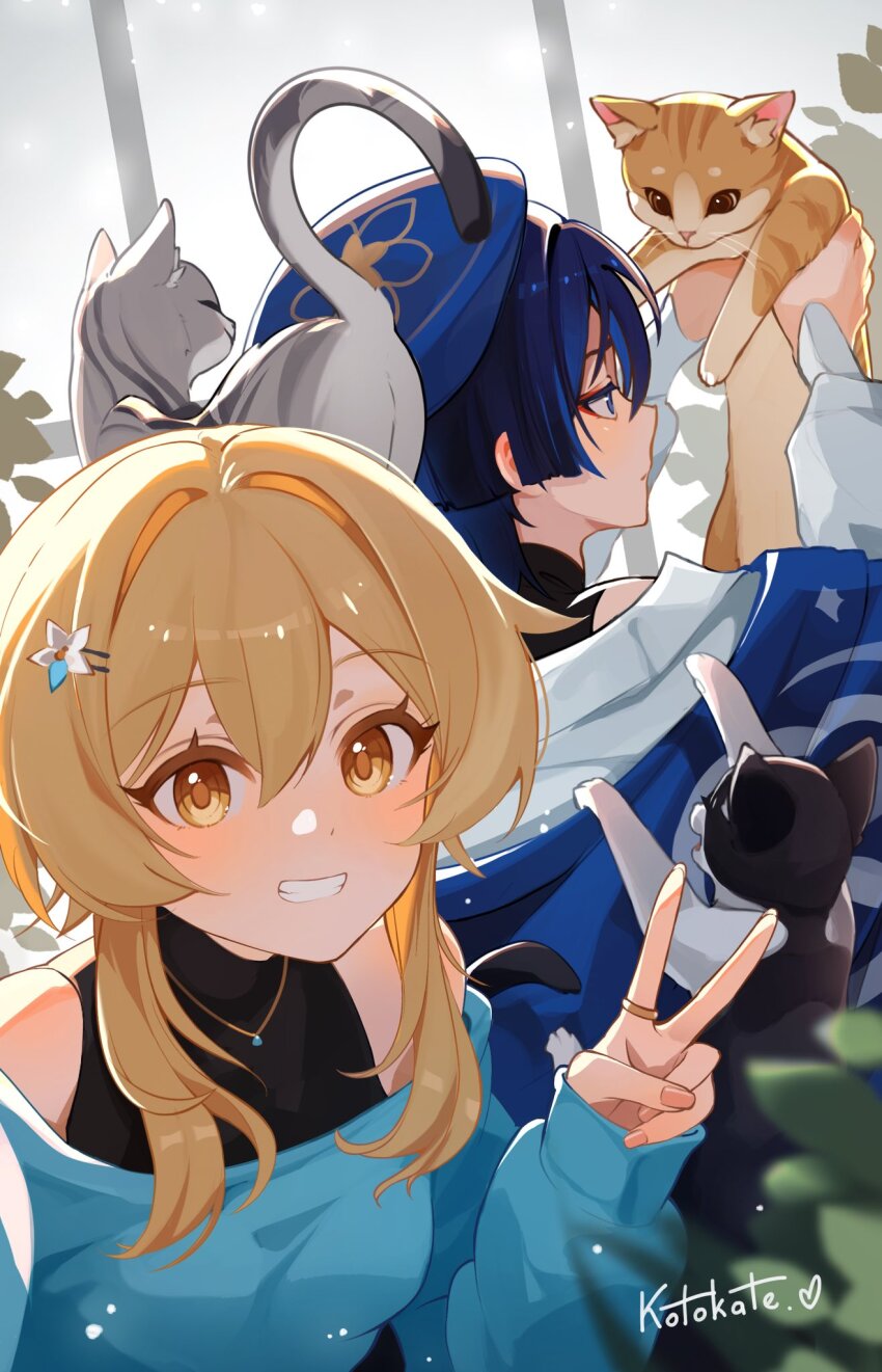 1boy 1girl alternate_costume animal artist_name beret black_hair black_shirt blonde_hair blue_flower blue_hat blue_pendant blue_shawl blue_shirt blue_sleeves blunt_ends blurry blush casual cat closed_mouth colored_inner_hair commentary contemporary depth_of_field english_commentary eyelashes eyeliner eyeshadow flower genshin_impact gold_necklace gold_ring grin hair_between_eyes hair_flower hair_intakes hair_ornament hairclip half-closed_eyes hands_up hat highres holding holding_animal holding_cat jewelry kotokate leaf long_sleeves looking_at_animal looking_at_viewer lumine_(genshin_impact) makeup mandala multicolored_flower multicolored_hair necklace official_alternate_costume pink_nails purple_eyes purple_hair red_eyeliner red_eyeshadow scaramouche_(genshin_impact) shawl shirt short_hair short_hair_with_long_locks sidelocks smile streaked_hair tareme teeth turtleneck turtleneck_shirt v wanderer_(genshin_impact) wanderer_(wanderer_impression)_(genshin_impact) white_flower white_shirt white_sleeves white_trim yellow_eyes