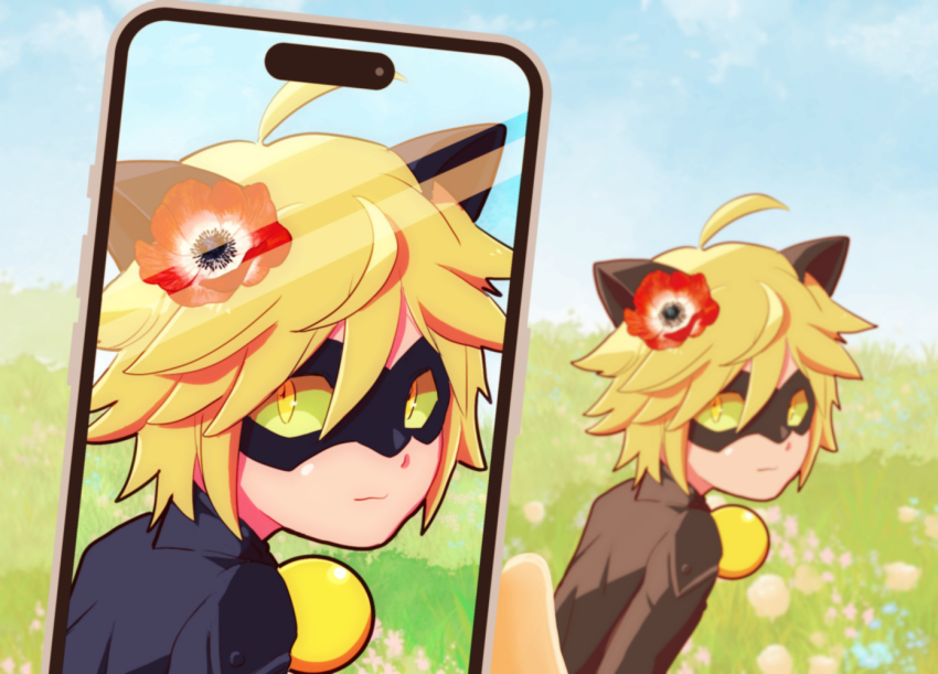 1boy ahoge animal_ears bell black_shirt blonde_hair blurry blurry_background cat_ears cellphone chat_noir colored_sclera commentary_request flower green_sclera hachaaao hair_between_eyes hair_flower hair_ornament male_focus miraculous_ladybug neck_bell phone shirt smartphone yellow_eyes