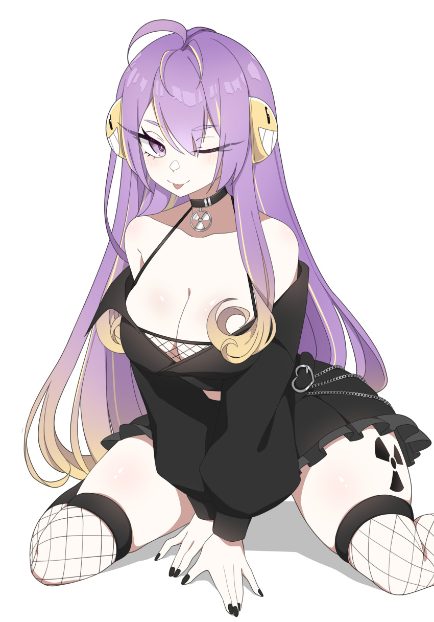 1girl ;p absurdres ahoge alternate_costume black_choker black_nails black_shirt black_skirt breasts buckle chain choker eyelashes fishnets frilled_skirt frills goth_fashion headphones heart heart-shaped_buckle highres indie_virtual_youtuber kneeling large_breasts leg_tattoo multicolored_hair navel nekoromancer one_eye_closed purple_eyes purple_hair radiation_symbol radiation_symbol-shaped_pupils shirt skirt smiley_face solo symbol-shaped_pupils tattoo tongue tongue_out virtual_youtuber vividly_vivi