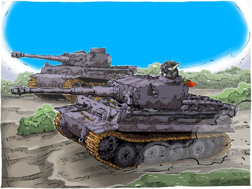 1boy cannon cat_boy caterpillar_tracks furry gun hat highres machine_gun military_vehicle motor_vehicle original peaked_cap shovel solo tank tiger_i vehicle_focus weapon yabarn