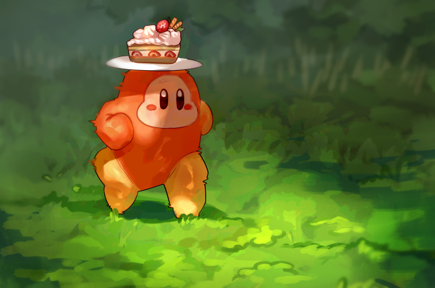 blush_stickers cake cake_slice colored_skin ehho_ehho_(meme) food full_body grass highres kirby:_squeak_squad kirby_(series) meme motion_blur nintendo no_humans orange_skin plate_on_head running shiburingaru solo waddle_dee