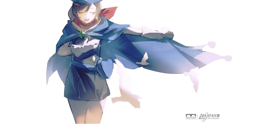 1girl :d ace_attorney belt_pouch bird blue_cape blue_hat bowing brown_hair buttons cape closed_eyes cowboy_shot diamond_button diamond_earrings dress earrings facing_viewer gem gloves green_brooch green_gemstone hand_on_own_chest hat heart_pouch highres jewelry open_mouth outstretched_arm pouch red_scarf scarf short_dress short_hair sidelighting simple_background single_earring smile solo spreading_cape straight-on strapless strapless_dress swept_bangs trucy_wright umkkkkkkkkkk white_background white_bird white_gloves