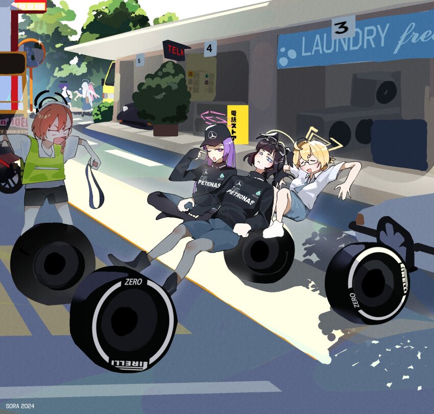 6+girls ahoge alternate_costume animal_ears baseball_cap black_footwear black_hair black_halo black_hat black_shorts black_sweater blank_eyes blonde_hair blue_archive blue_eyes blue_shorts cameo car closed_eyes collared_shirt commentary dog_ears dog_girl engineering_department_(blue_archive) goggles goggles_on_head halo hat hibiki_(blue_archive) high-visibility_clothing high-visibility_vest highres holding indian_style invisible_vehicle kotori_(blue_archive) koyuki_(blue_archive) long_hair long_sleeves looking_at_another looking_at_viewer maid_headdress mercedes-benz motor_vehicle multiple_girls neru_(blue_archive) noa_(blue_archive) open_mouth orange_hair outdoors petronas pink_halo pirelli purple_eyes purple_hair road shirt short_hair short_sleeves shorts sitting standing sweater symbol-only_commentary umar_langit utaha_(blue_archive) wheel white_footwear white_shirt yellow_halo yuuka_(blue_archive)