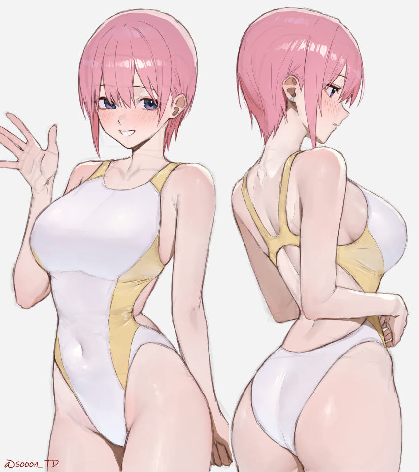1girl absurdres blush breasts competition_swimsuit covered_navel earrings go-toubun_no_hanayome grey_background grin groin highres jewelry large_breasts multiple_views nakano_ichika one-piece_swimsuit pink_hair purple_eyes salute short_hair simple_background sleeves_past_wrists smile solo_focus sooon stud_earrings swimsuit thighs two-tone_one-piece_swimsuit white_one-piece_swimsuit yellow_one-piece_swimsuit
