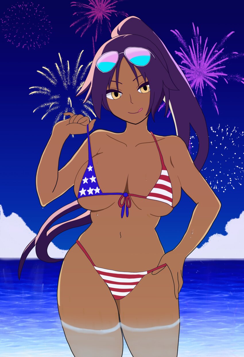 1girl absurdres american_flag american_flag_bikini american_flag_print bare_shoulders bikini bleach bojack198 breasts cleavage collarbone dark-skinned_female dark_skin female_focus fireworks flag_print flag_print_bikini fourth_of_july front-tie_bikini_top front-tie_top hand_on_own_hip highres large_breasts licking_lips long_hair looking_at_viewer navel ocean partially_submerged ponytail print_bikini purple_hair shihouin_yoruichi sky solo sunglasses sunglasses_on_head swimsuit tongue tongue_out underboob yellow_eyes