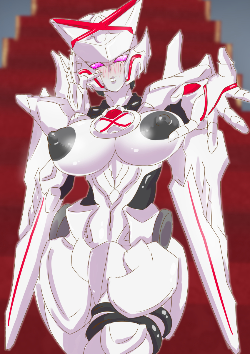 1girl a.k.o.t. absurdres black_nipples blush colored_nipples helmet highres mecha nipples no.1_sentai_gozyuger no_humans purple_eyes queen_tegajune robot solo solo_focus super_sentai tegajune tokusatsu