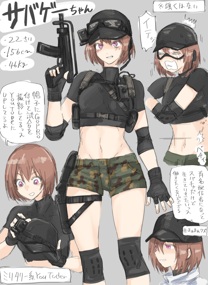 1girl action_camera airsoft baseball_cap breasts brown_hair camouflage fingerless_gloves fuku_(fuku12290574) gloves goggles goggles_on_headwear gun hat headset highres knee_pads large_breasts midriff military navel original personal_defense_weapon pink_eyes short_hair short_shorts shorts simple_background skorpion_vz._61 submachine_gun translated video_camera weapon