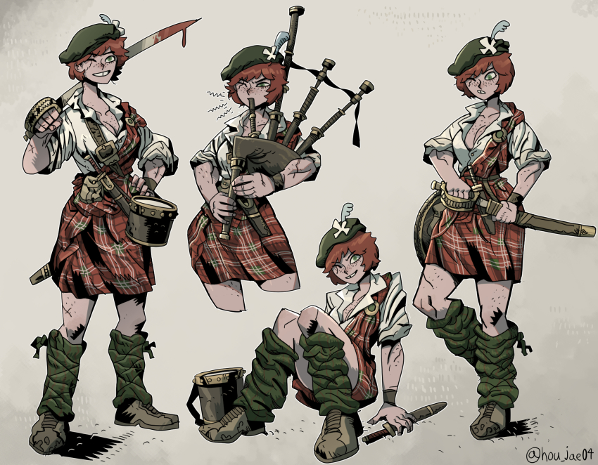 1girl bagpipes blood bloody_weapon body_freckles boots breasts cleavage dagger drum freckles green_eyes hat highres ho-uja instrument kilt knife leggings original plaid red_hair scabbard scar scotland sheath short_hair smile solo sword weapon