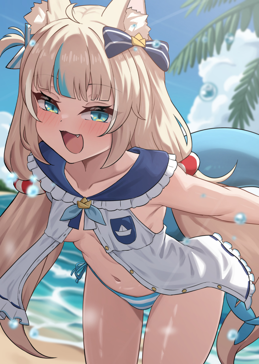 1girl ahoge animal_ears beach bikini black_bow blonde_hair blue_eyes blue_hair blue_sky blush bow collarbone commentary_request hair_bow hashira_14 highres indie_virtual_youtuber loli long_hair looking_at_viewer multicolored_hair navel outdoors sameko_saba sky solo standing stomach streaked_hair striped_bikini striped_clothes swimsuit thighs variant_set virtual_youtuber water