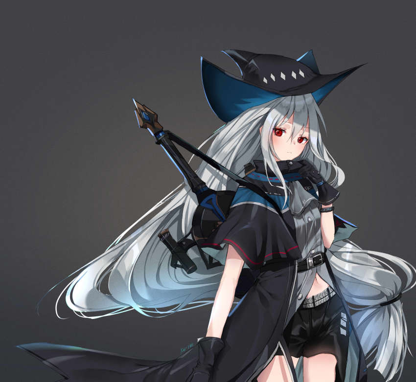 1girl absurdres adjusting_collar arknights artist_name belt black_coat black_gloves black_hat black_shorts bracelet breasts closed_mouth coat cowboy_shot expressionless female_focus floating_hair gloves gradient_background grey_background grey_shirt hair_between_eyes hat highres jewelry ku-ini long_hair looking_at_viewer low-tied_long_hair midriff navel neckerchief partially_unbuttoned red_eyes science_fiction shirt short_shorts shorts shoulder_strap signature silver_hair simple_background skadi_(arknights) small_breasts solo sword thighs weapon