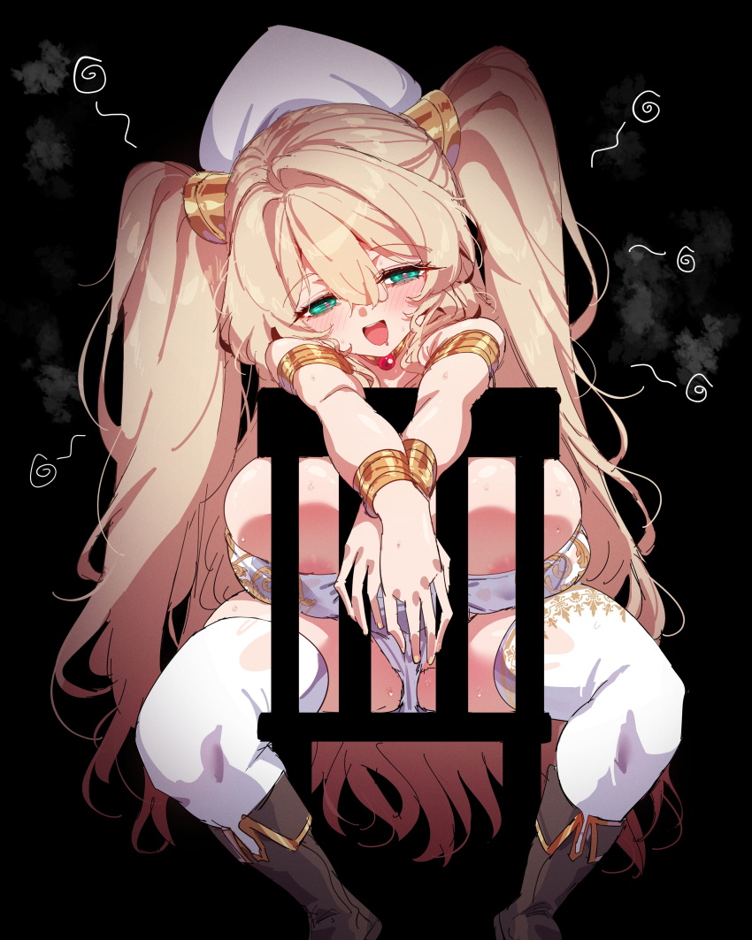 1girl :d absurdres areola_slip black_background blonde_hair blush boots bracelet breasts brown_boots chair commentary double-parted_bangs dress drunk english_commentary full_body gold_bracelet green_eyes hair_between_eyes hat highres huge_breasts jewelry long_hair looking_at_viewer on_chair open_mouth original rayno revealing_clothes simple_background sitting sitting_backwards smile solo thighhighs twintails very_long_hair white_dress white_hat white_thighhighs