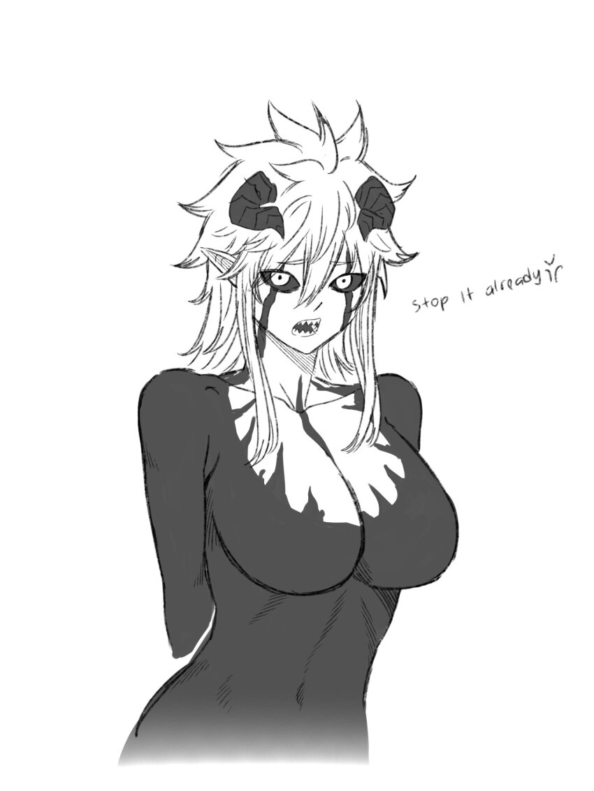 1girl black_clover black_sclera breasts colored_sclera demon_girl english_text female_liebe_(black_clover) genderswap genderswap_(mtf) highres honexstage large_breasts liebe_(black_clover) looking_at_viewer monochrome navel sharp_teeth simple_background sketch solo teeth upper_body white_background